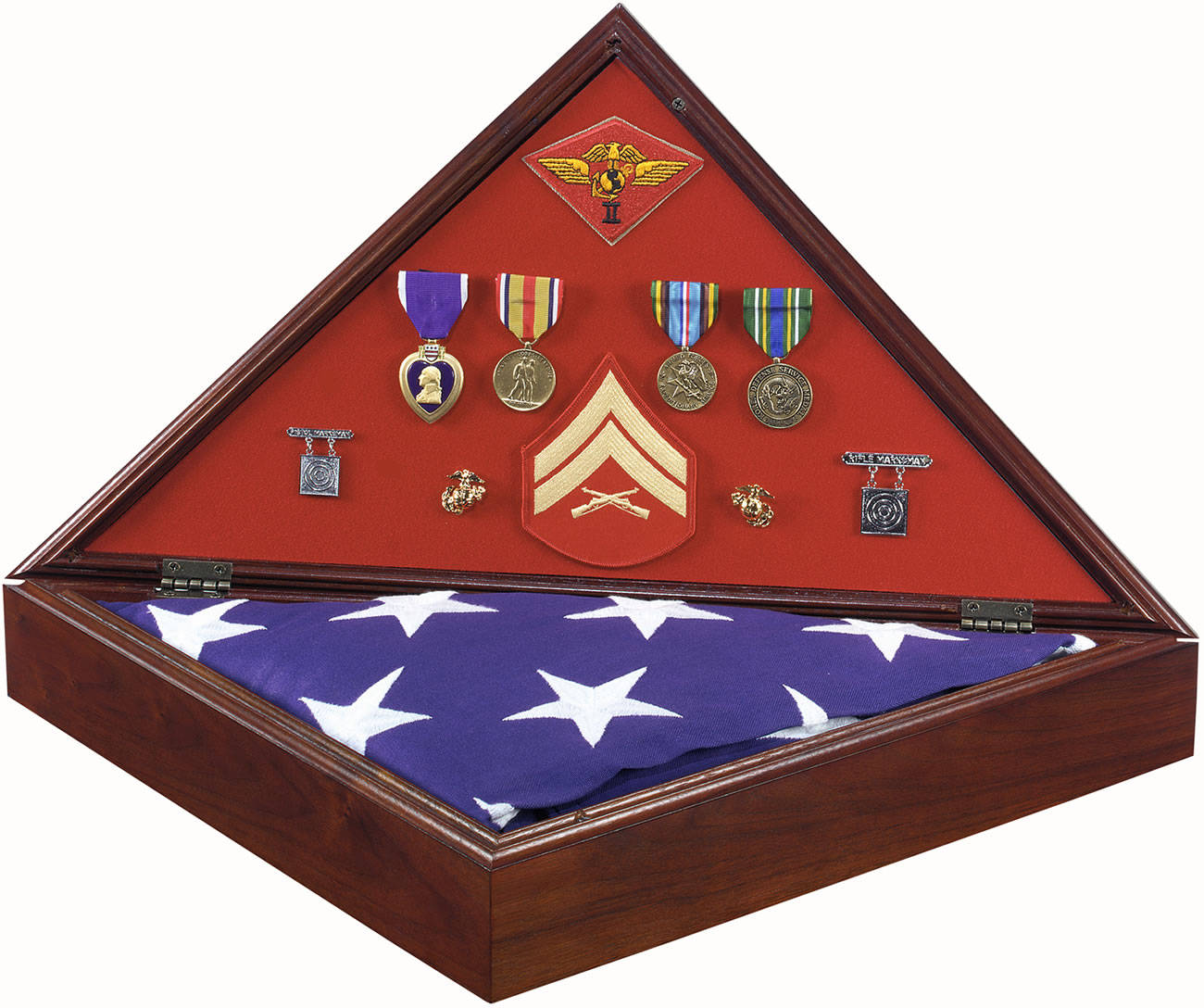 Hero Military Shadow Box Memorial American flag case official Military logo  walnut personalized engraved plaque MADE IN AMERICA